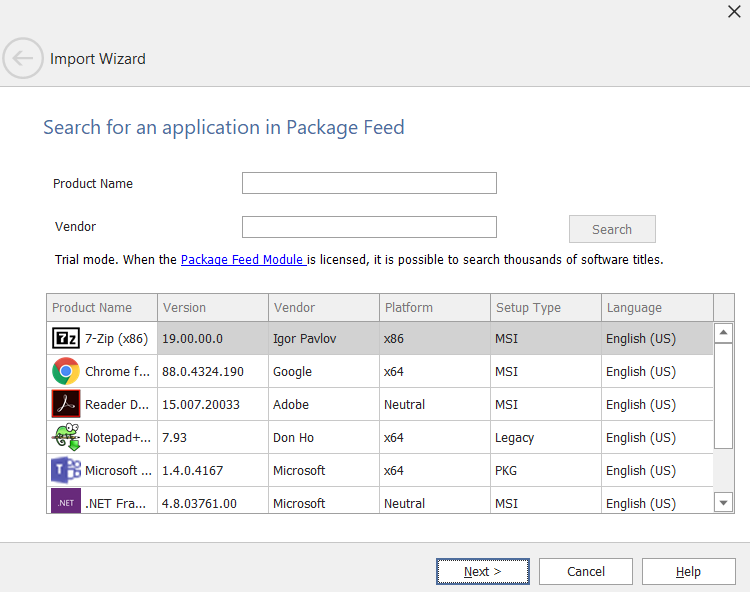 Import Wizard / Search for an Application in Package Feed