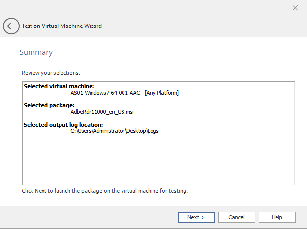 Summary Panel / Test on Virtual Machine Wizard